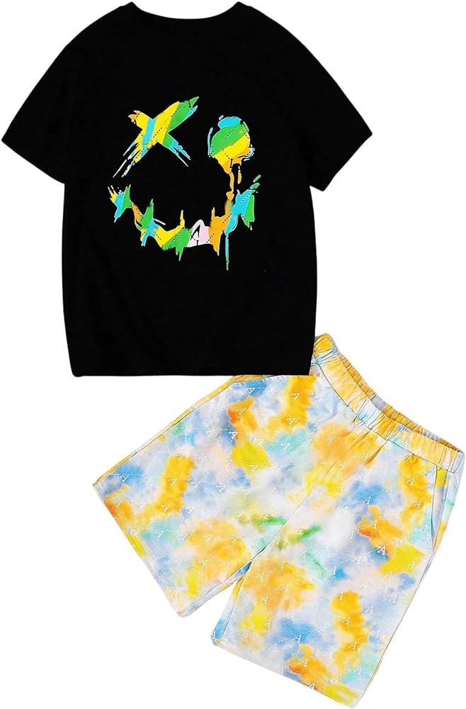 OYOANGLE Boy's 2 Piece Outfits Summer Graphic Print Short Sleeve Top T-shirt Tee and Shorts