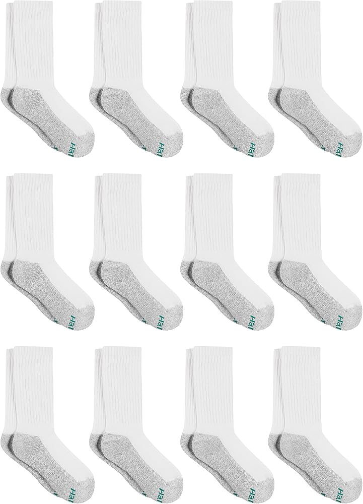 Hanes Boys' Socks, Double Tough Cushioned Crew Socks, 12-pair Packs