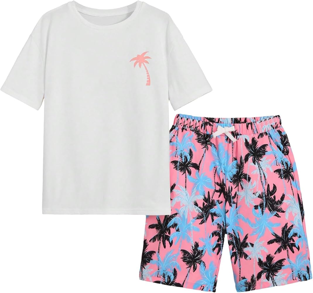 Boy's 2 Piece Set Tropical Print Short Sleeve Crewneck Tee Tops and Drawstring Shorts Vacation Outfits