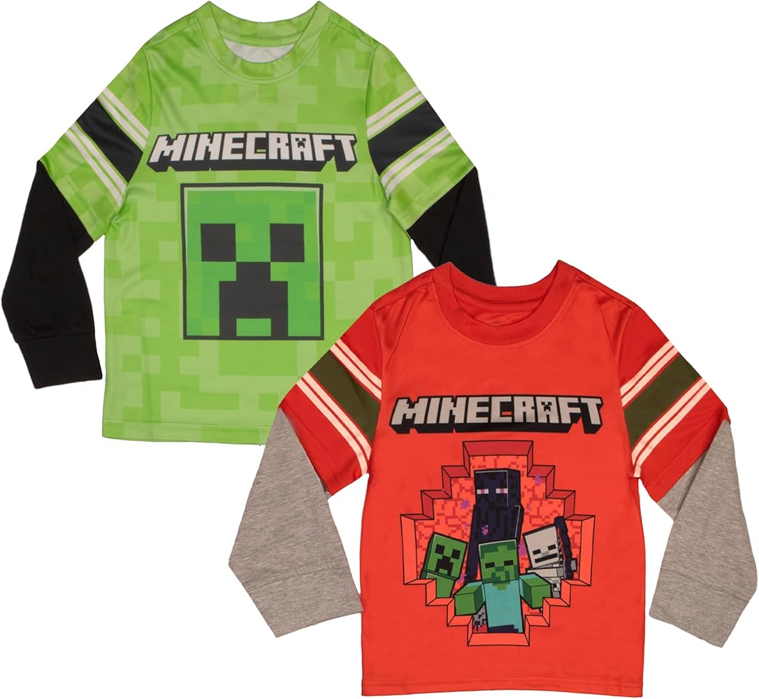 Minecraft Characters Boys Long Sleeve Active Mesh T-Shirt, 2-Pack Bundle Set for Kids and Toddlers