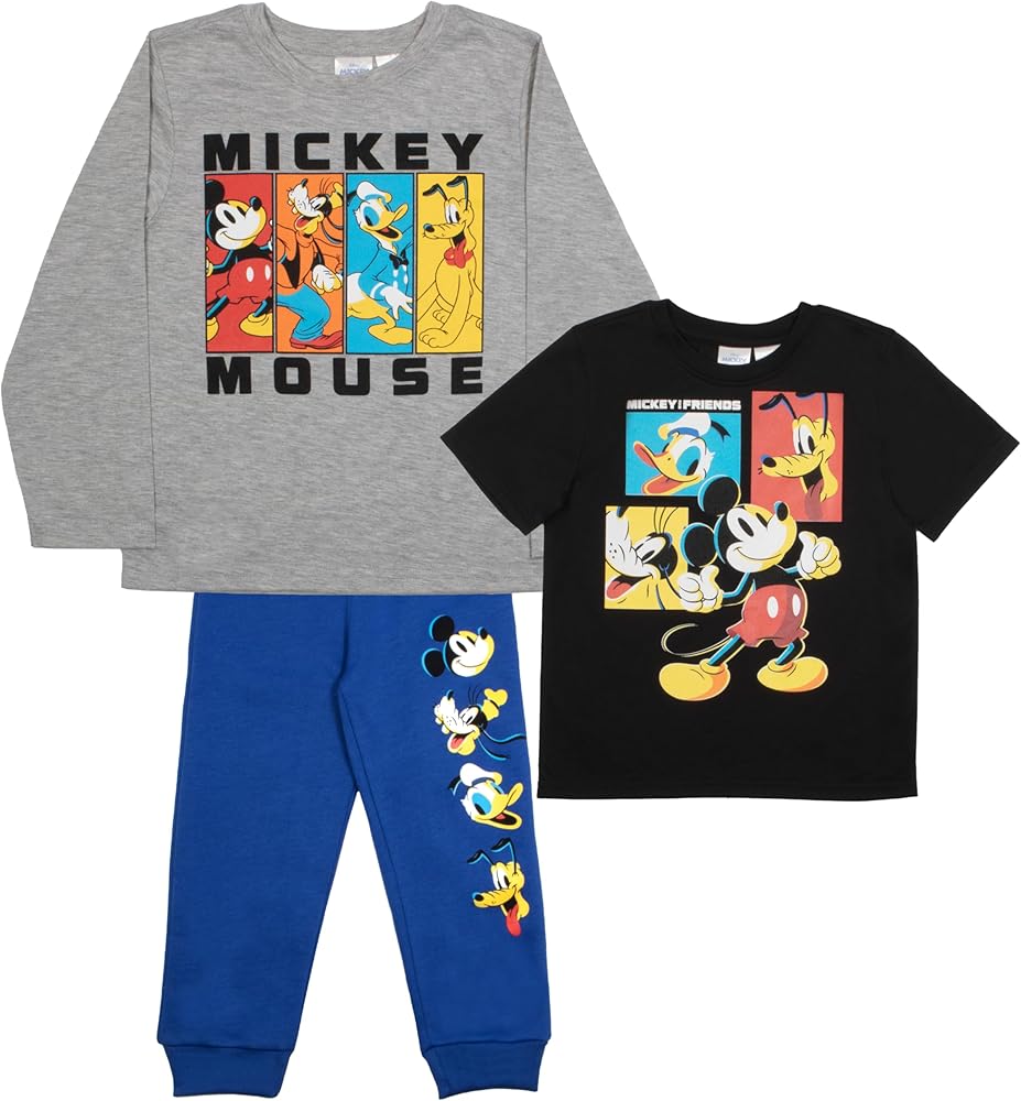 Disney Mickey Mouse Boys 3-Piece Set - Short Sleeve T-Shirt, Long Sleeve T-Shirt, and Sweatpants 3-Pack Bundle Set