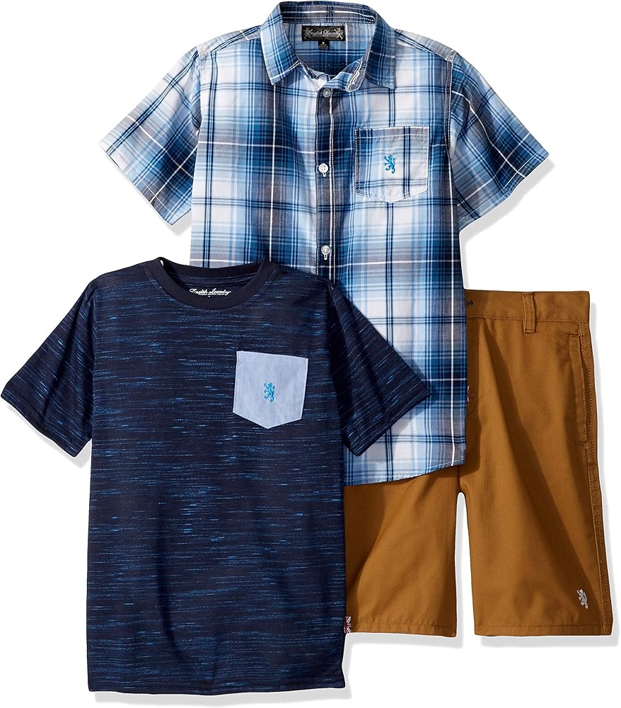 English Laundry boys Short Sleeve Plaid Woven Shirt, T-shirt, and Short Set