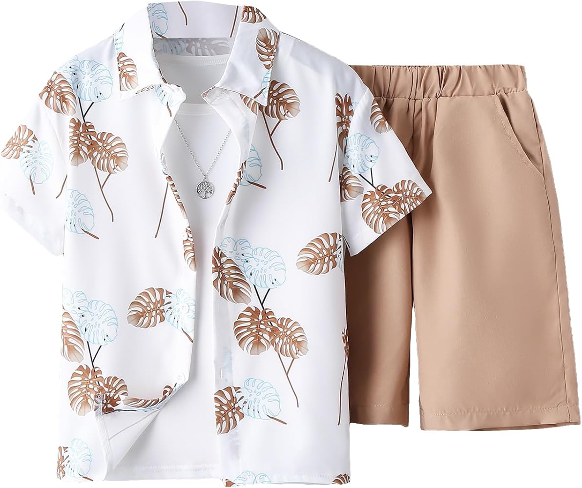 SHENHE Boy's 2 Piece Tropical Button Up Short Sleeve Shirt and Shorts Set Summer Outfits