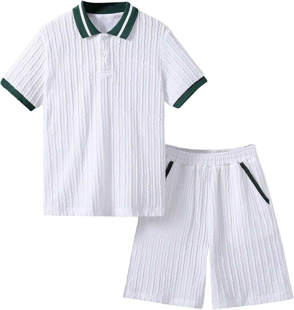 OYOANGLE Boy's 2 Piece Outfits Textured Color Block Short Sleeve Shirt Top and Shorts Set