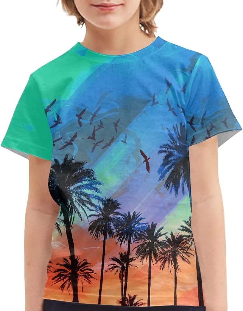 ENLACHIC Boys Girls Tropical Hawaiian Tshirts Crewneck Short Sleeve Graphic T-Shirt Summer Tees 3-16 Years