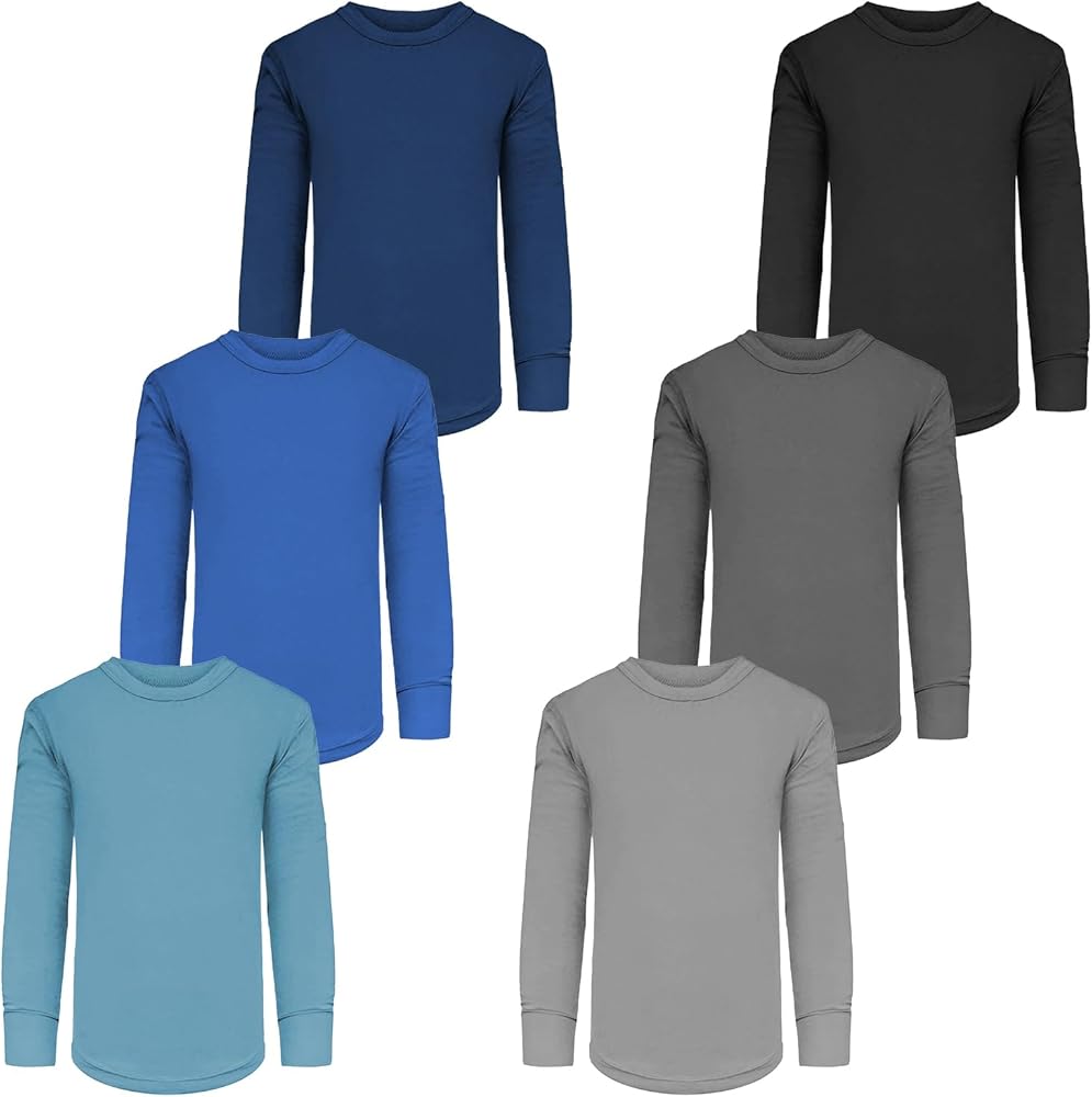 Boys Long Sleeve Performace Tops| Base Layer All Season Cotton Stretch Color Shirts| Multi Packs -Colors