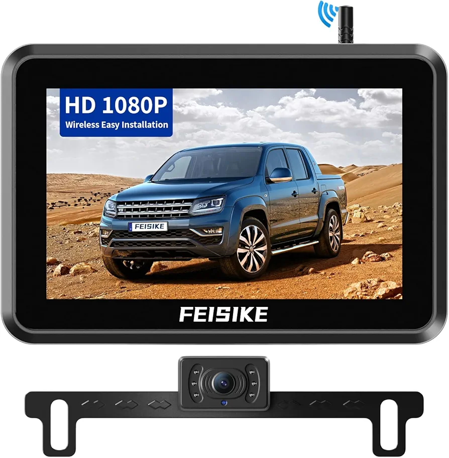 FEISIKE Wireless Backup Camera with 5'' Monitor, Easy Setup Stable Signal HD 1080P Vehicle Back Up Camera with IP69 Waterproof & Super Night Vision, Bluetooth Backup Camera for Cars Trucks Pickup