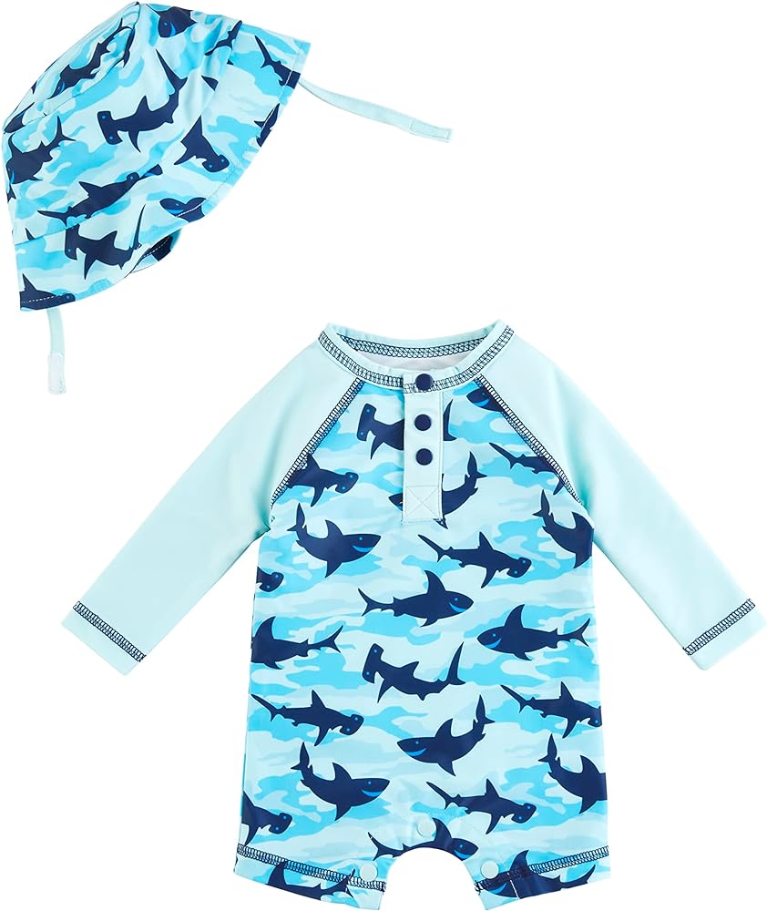 Mud Pie Boys Shark Rash Guard One Piece & Hat Set