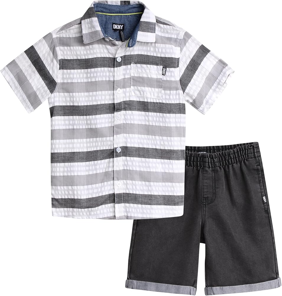 DKNY Boys' Shorts Set - 2 Piece Short Sleeve Button Down Shirt and Denim Jean Shorts - Summer Outfit for Toddler Boys (2T-7)