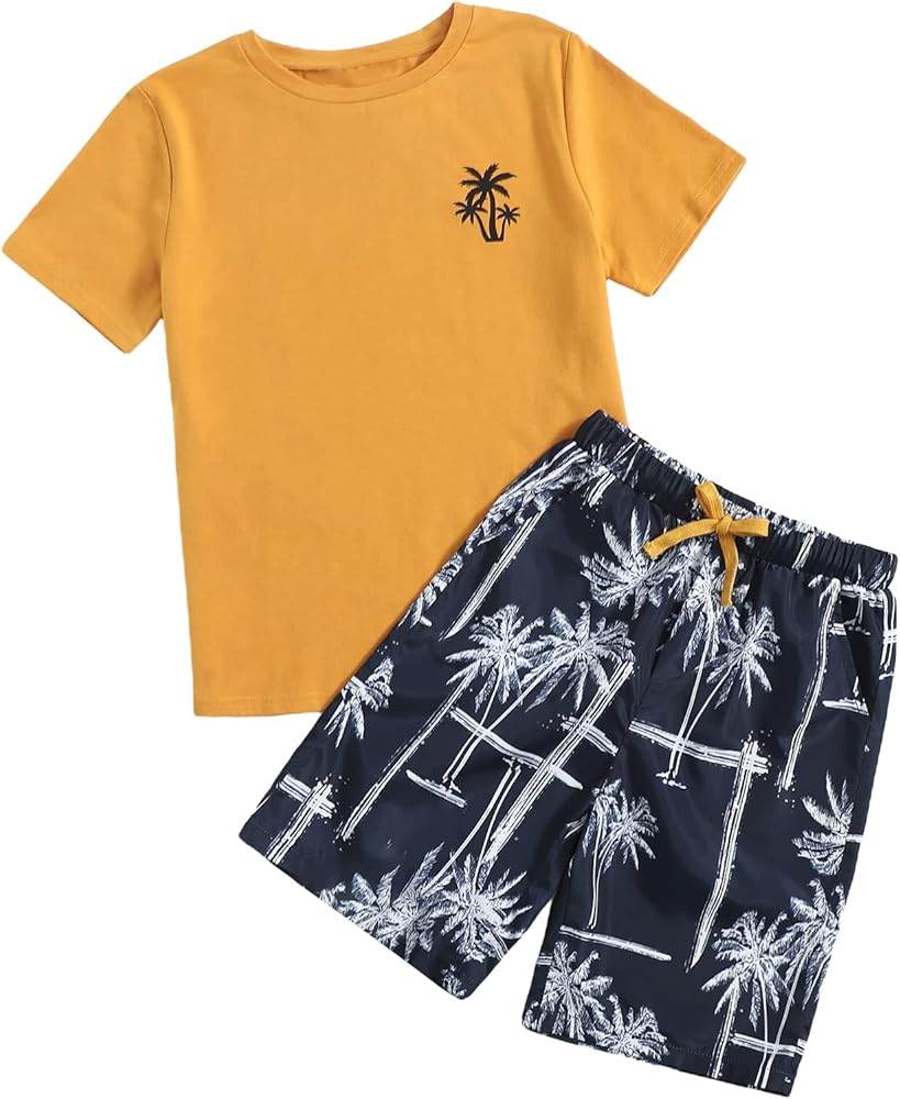 MakeMeChic Boy's 2 Piece Outfits Tropical Short Sleeve T-Shirt and Pockets Shorts Set