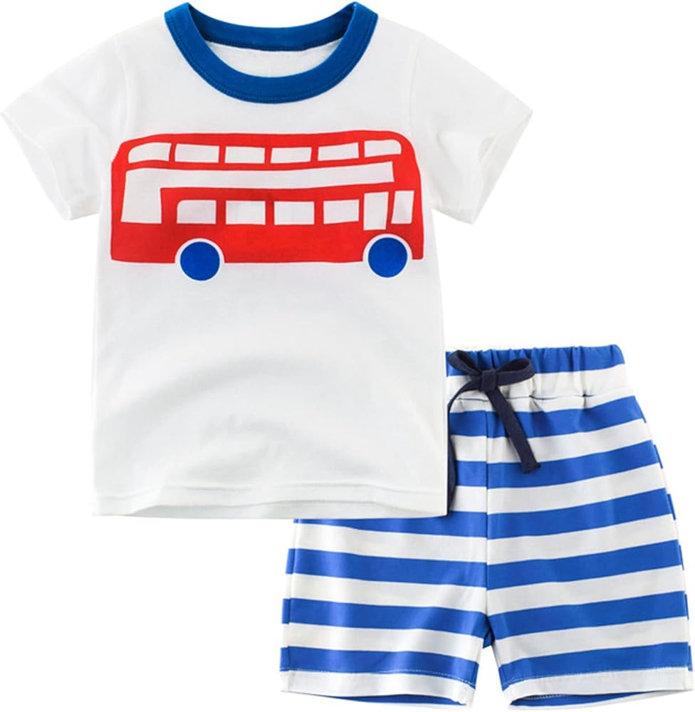 iiniim Kids Little Boys Cotton Clothing Sets T-Shirt&Drawstring Striped Shorts Summer 2Pcs Outfits