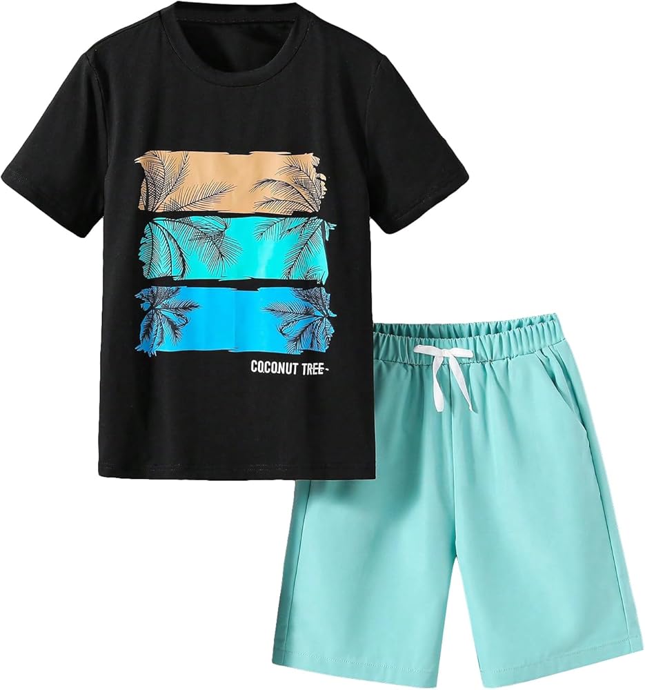 SOLY HUX Boy's Summer Two Piece Outfit Tropical Print Short Sleeve T Shirt and Elastic Waist Shorts Set