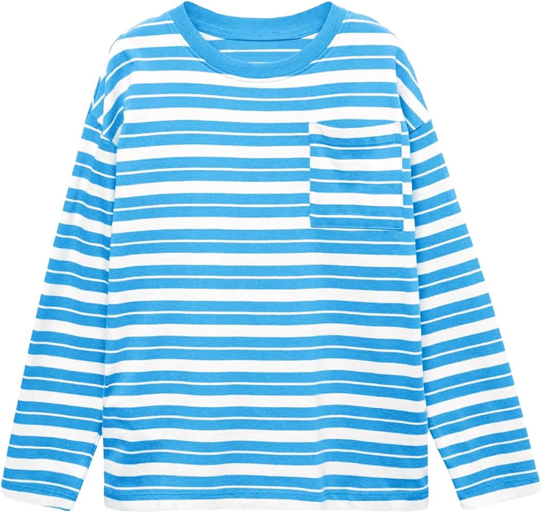 Haloumoning Boys Striped Shirts Kids Long Sleeve Crewneck Pullover Tops Soft Basic Tees with Pockets 5-14 Years