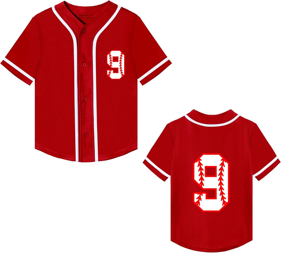 Kids Baseball Jersey Boys 9th Birthday Gift Print Number 9 T-Shirt Girls Trendy Hip Hop Button Short Sleeve Tops