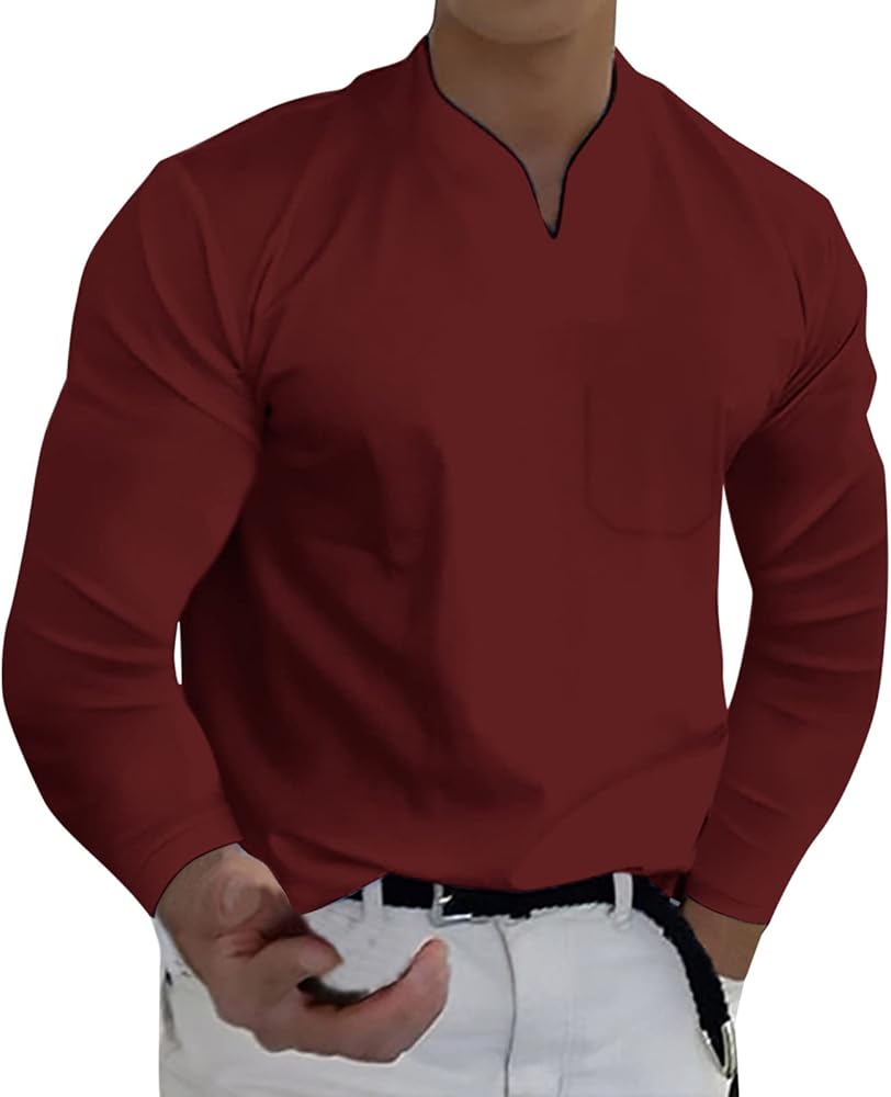 Men Spring Spring &Winter Casual V Neck Solid Long Sleeve Tee Shirt Top Blouse Boy Indoor Slipper FFFG Red