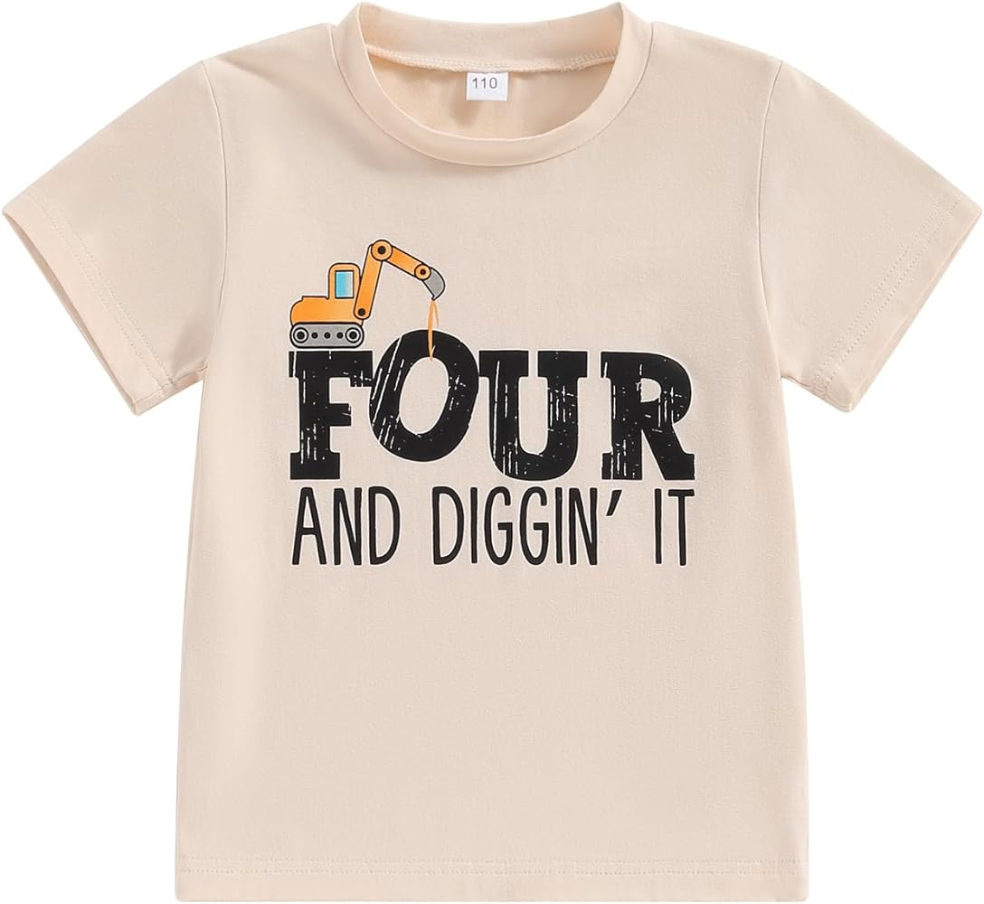 2nd 3rd 4th Birthday Outfit Toddler Boy Tractor Shirt Construction Party Letter Print Crew Neck T-Shirt Top