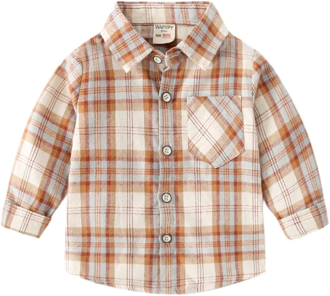 Toddler Boys Casual Cotton Lapel Plaid Print Long Sleeve Button Down T-Shirt Top Cute Loose Basic Outwear with Pocket