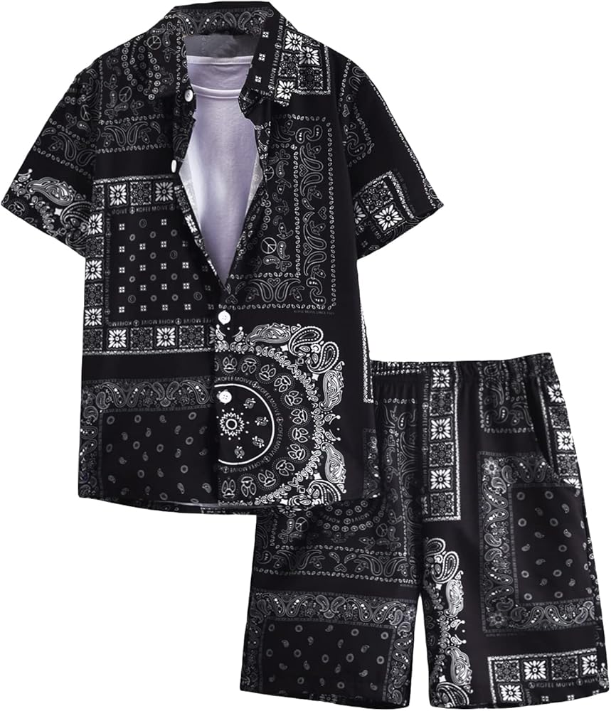 Floerns Boys Paisley Print Short Sleeve Shirt Track Shorts Set Two Piece Outfit