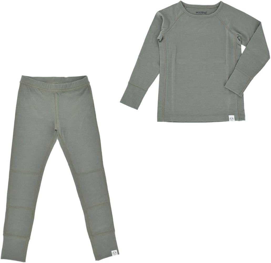 Woolino Merino Wool Base Layer for Kids - Super Soft Kids Long Sleeve Thermal Top and Leggings - All Natural Base Layer Shirt and Bottoms - Sage