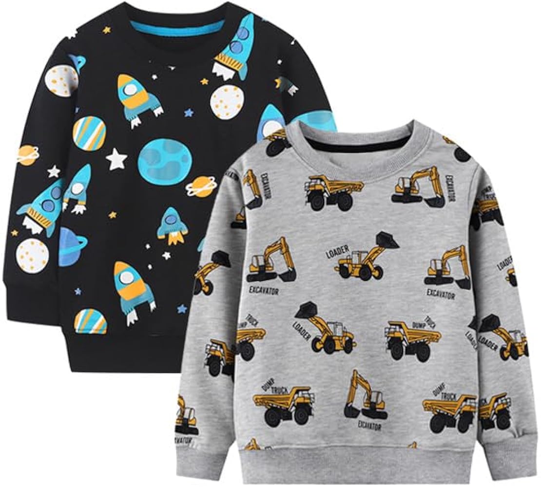 2 Pack Toddler Boys Sweatshirts,Long Sleeve Boys Fashion Tops,Cartoon Toddler Fall Outfits,Toddler Sweater 2t-7t