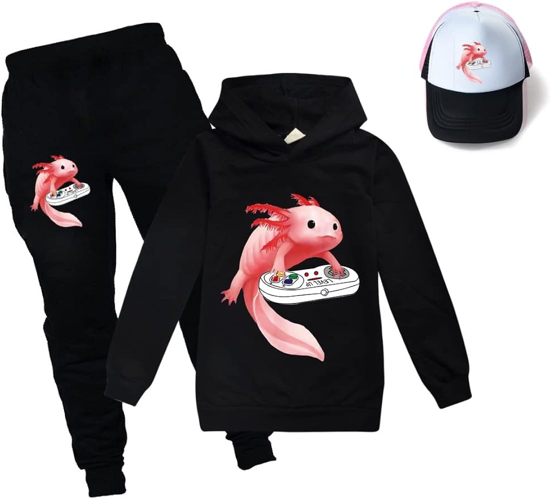 Boys Axolotl Hoodie Trousers and Sunhats 3Pcs Tracksuit Sweatshirt Set Axolotl Merch Kids Solid Color Hoodie