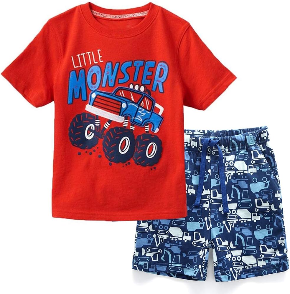 Toddler Boys Little Monster Embroidered Truck 2-Pieces Cotton T-Shirt and Shorts Summer Outfit Set