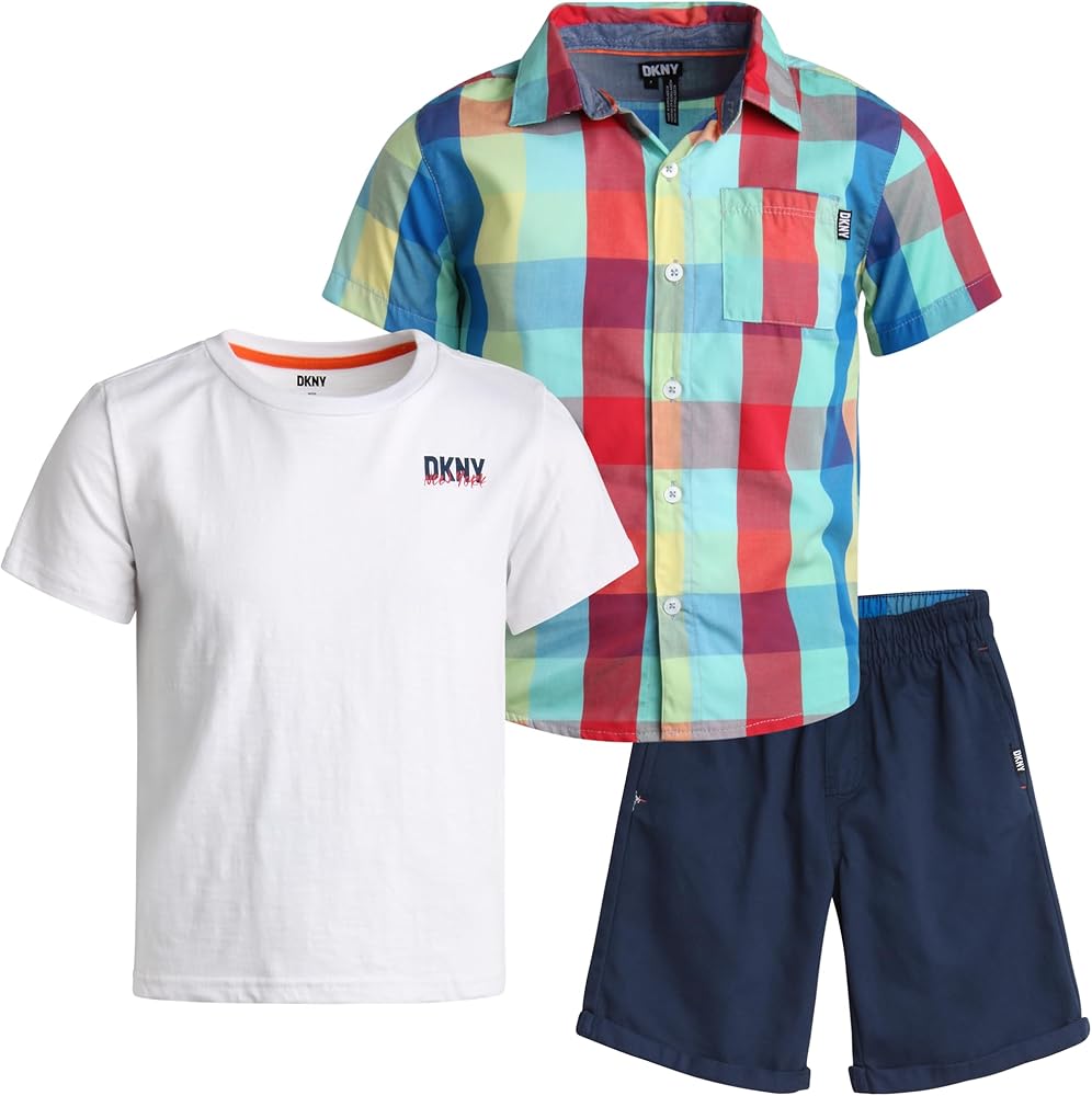 DKNY Boys' Short Set - 3 Piece Short Sleeve Button Down, T-Shirt, and Shorts - Summer Clothing Set for Toddler Boys (2T-7)