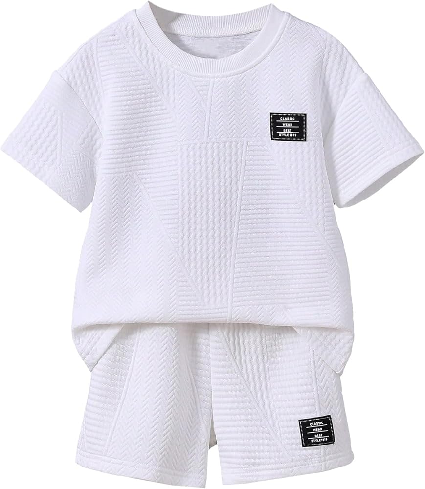 Verdusa Toddler Boy's 2 Piece Outfit Drop Shoulder Tee Top and Elastic Waist Shorts