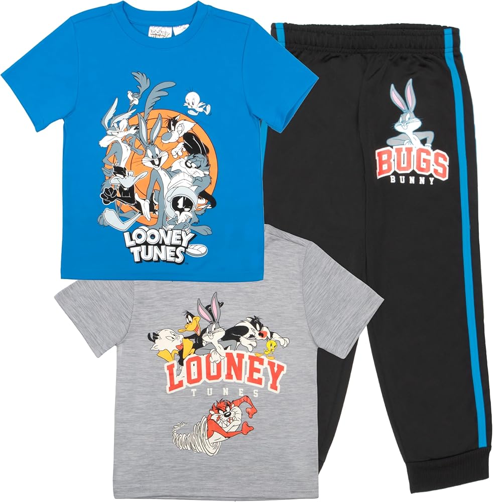 Warner Bros Looney Tunes Boys 3-Piece Set, Two Short Sleeve T-Shirts & Jogger Pants 3-Pack Bundle Set for Kids