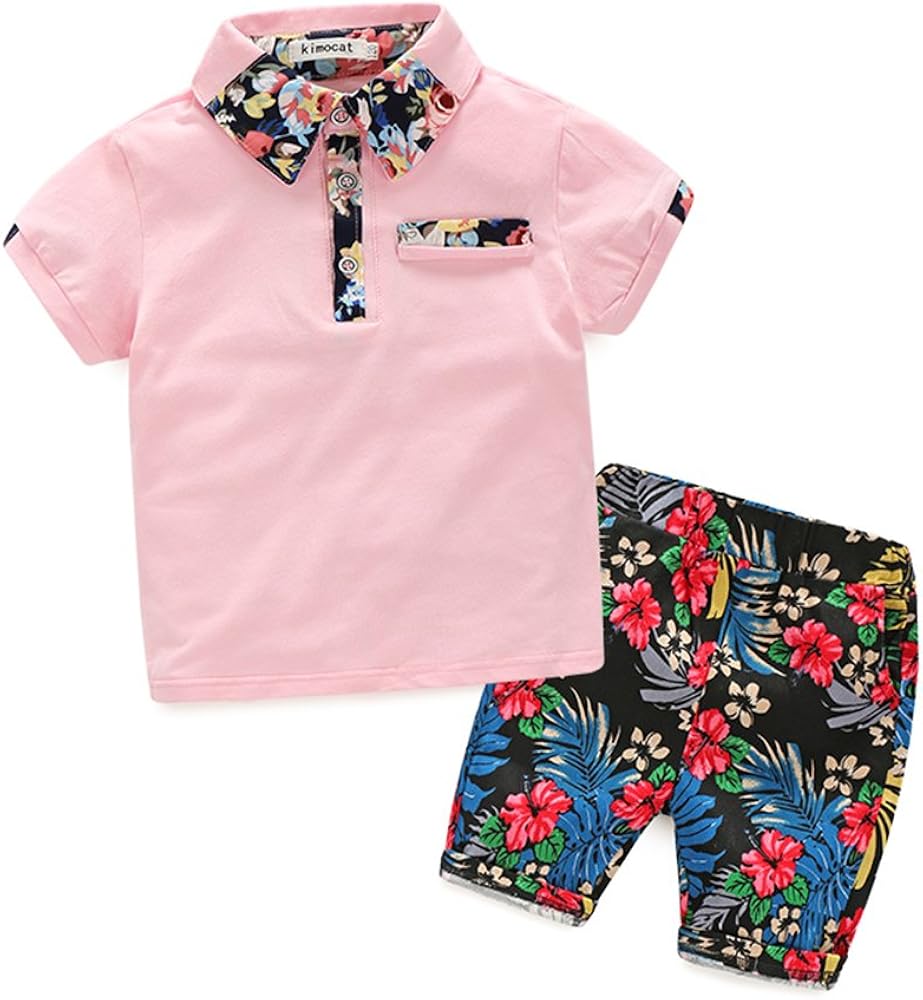 Kimocat Summer Casual Clothing Set Floral Printed Short Sleeve and Short Pants for Boys