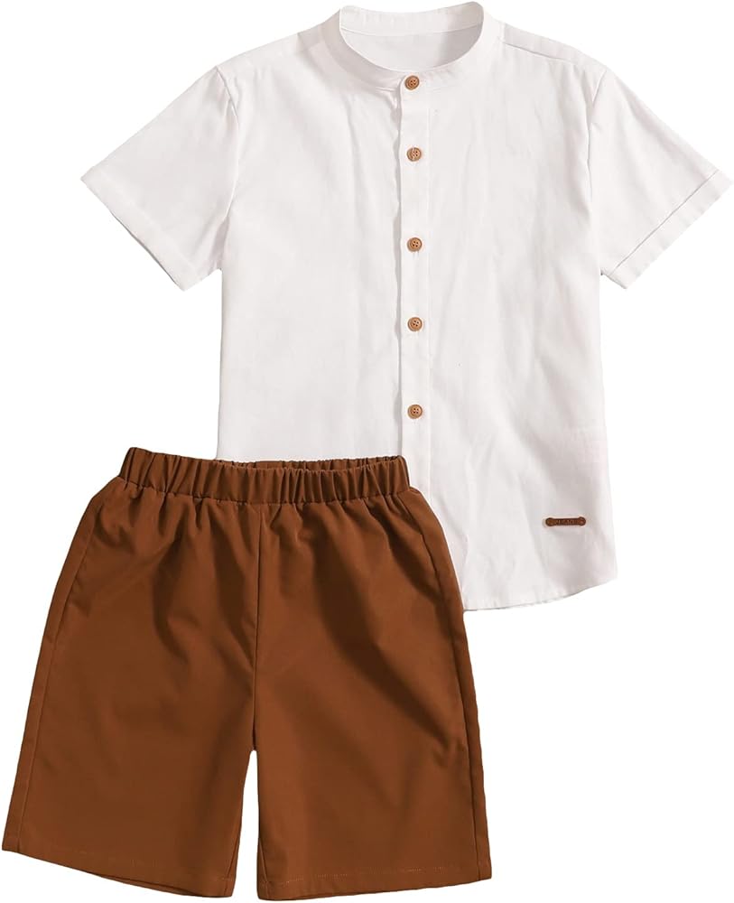 SHENHE Boy's Two Piece Outfits Button Up Short Sleeve Mock Neck Shirt and Shorts Set White Brown 9Y