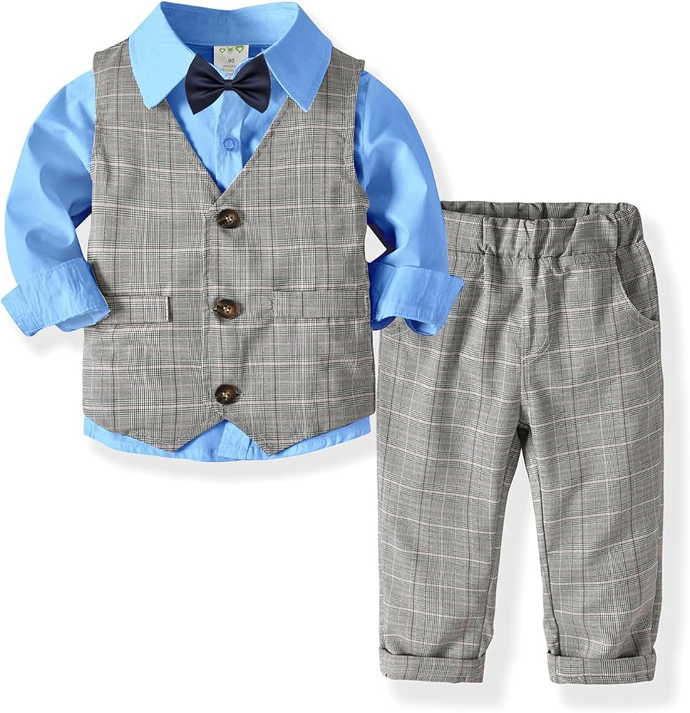 3 Piece Boys Toddler Baby Kids Boy 3PCS Clothes Set Bowtie Gentleman Vest Long Sleeve T-Shirt Pants Party Outfits