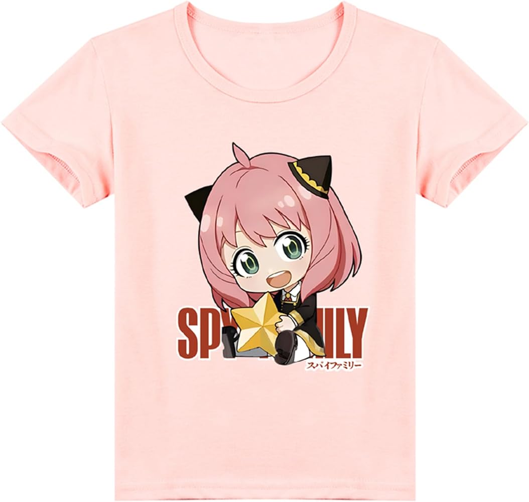 Boy Girls SPY Family Short Sleeve Tee Tops Crewneck Soft Shirt Anime Casual Lightweight T Shirt Pink, 11-12 Years