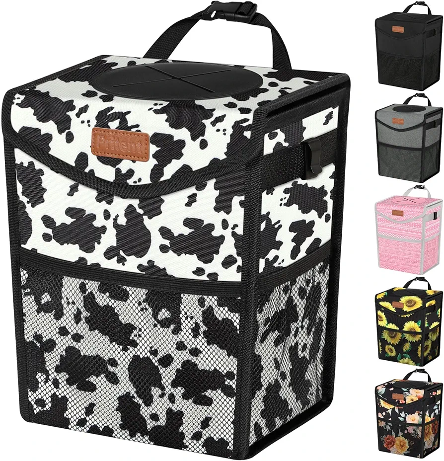 Car Trash Can with Lid, Cute Leakproof Car Trash Garbage Bag Hanging Vehicle Trash Bin Small Portable Automotive Garbage Cans Organizer for Back/Front Seat/Console(2.8 Gallons,Cow Print)