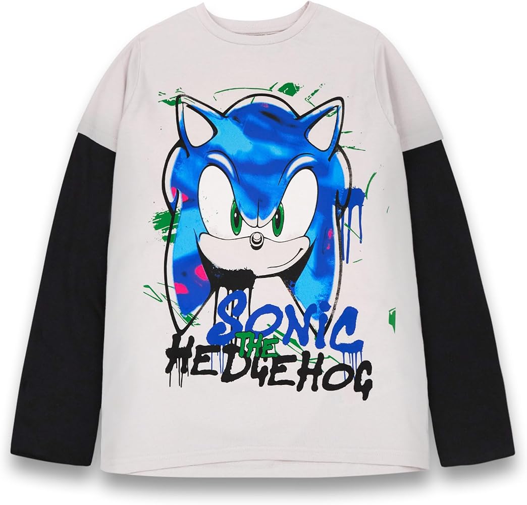 Sonic The Hedgehog Boys T-Shirt | Grey & Black Graffiti Graphic Skater Tee | Childrens Long Sleeve with Short Sleeve Overlay