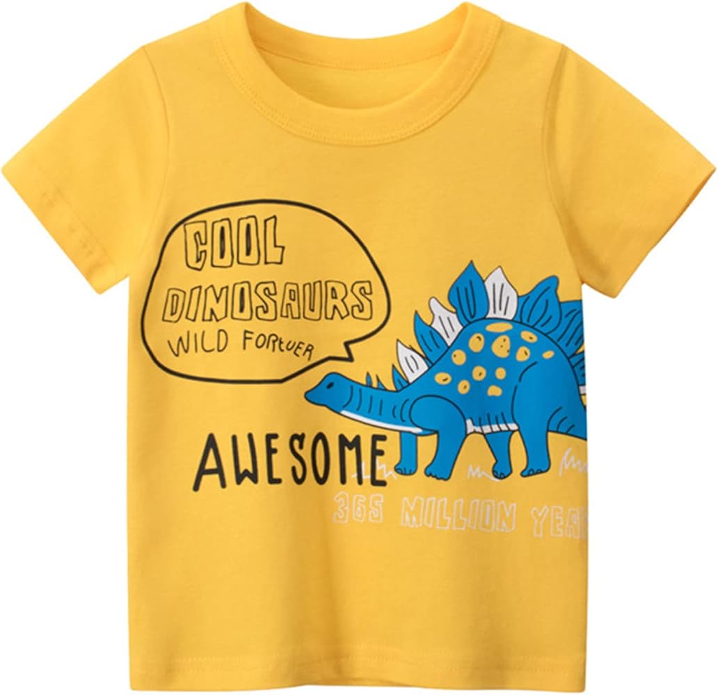 POLG Toddler Boys Short Sleeve Crewneck T-Shirts Top Tee Cartoon Dinosaur Graphic Shirts Cotton Summer Clothes 1-7 Years