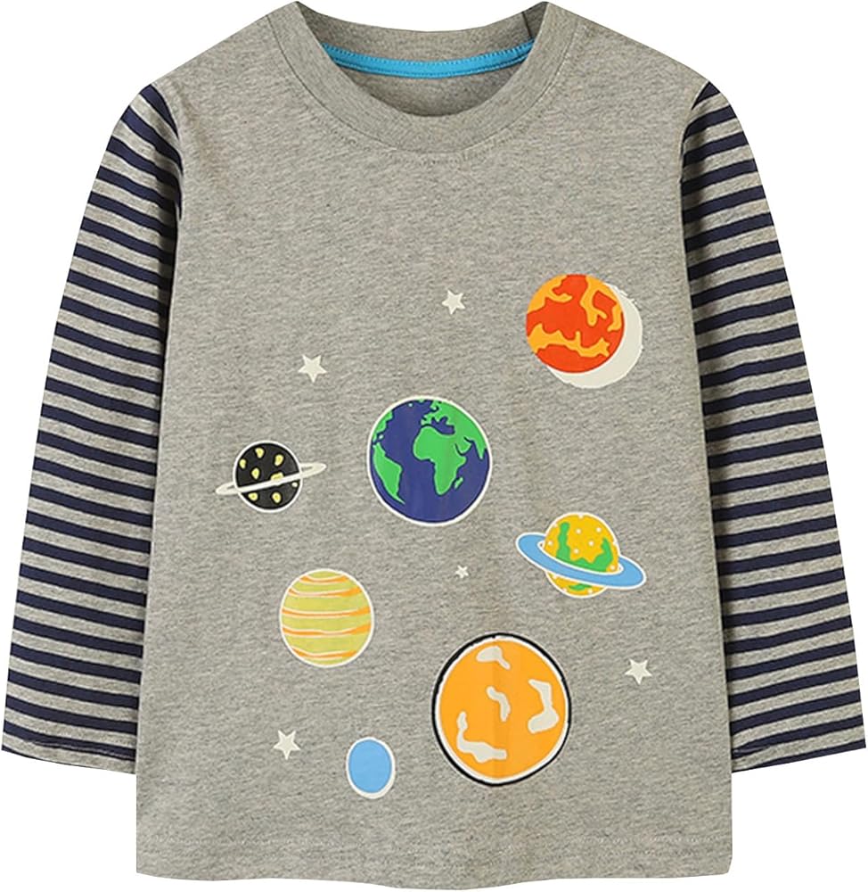 Toddler Boys Glow In The Dark Long Sleeve Sweatshirt Planet Print Pullover Cotton Shirts Youth Basketball