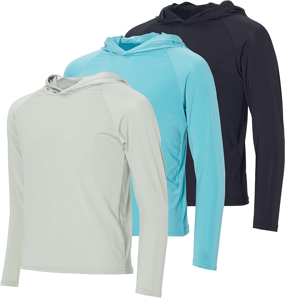 Real Essentials 3 Pack:Youth Rashguard Hoodie UPF UV Sun Protection Long Sleeve Swim Fishing Shirt - Boys & Girls (Ages 4-16)