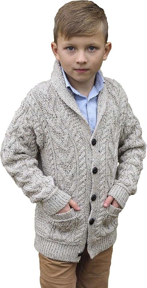 Aran Crafts Boy's Irish Soft Cable Knitted Shawl Cardigan (100% Merino Wool)