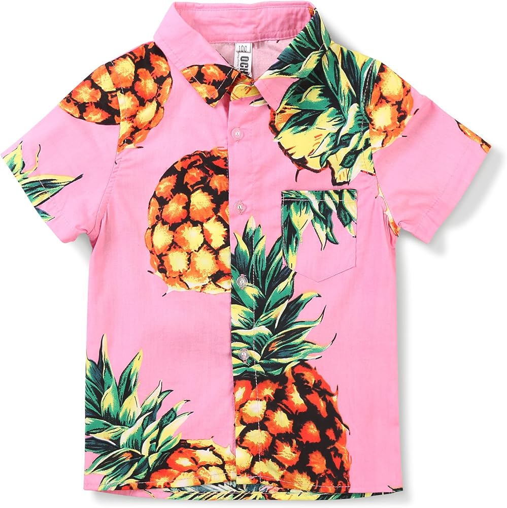 OCHENTA Little & Big Boy's Print Button Down Hawaiian Shirt Short Sleeve Tops