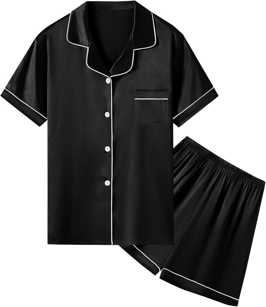 Umeyda Women & Girls Pajamas Set, Soft Satin Lightweight Silk Button-Down Top with Shorts 2 Piece PJS for Mom Boys Kids Gifts