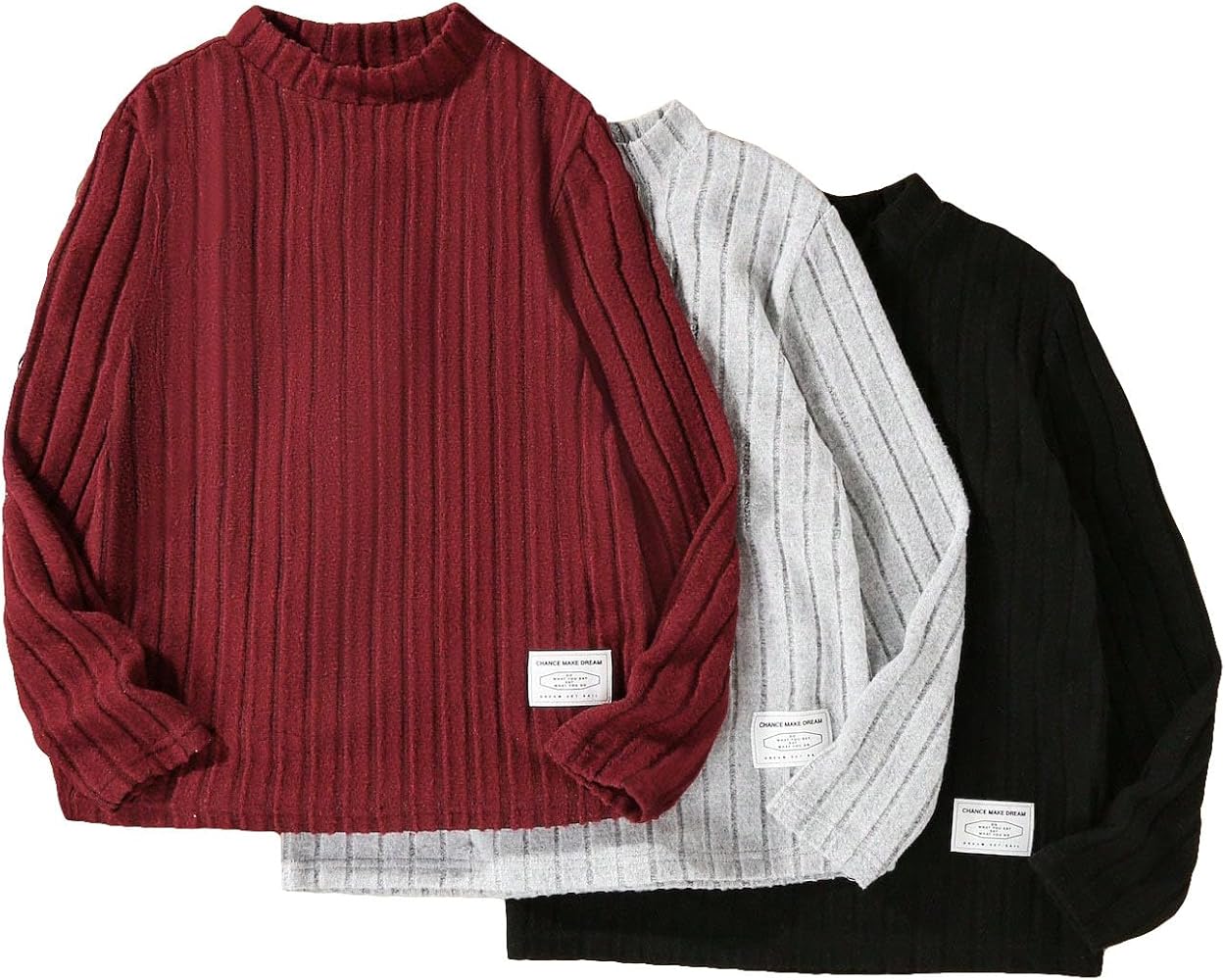 OYOANGLE Boy's 3 Piece Ribbed Knit Long Sleeve Mock Neck Solid Basic Tee Tops Casual T Shirts