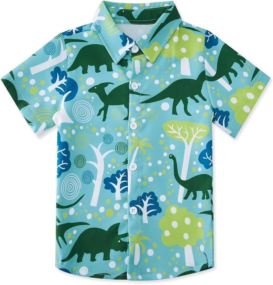 uideazone 2-10 Years Boys Button Down Shirts 3D Graphic Hawaiian Aloha Short Sleeve Dress Shirt Tops