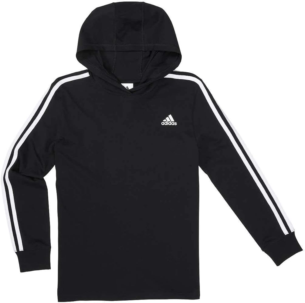 adidas Youth 3 Stripe Hooded Tee (Black, Medium)