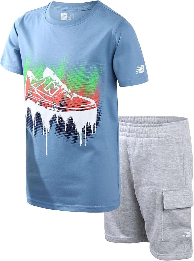 New Balance Boys' Shorts Set - 2 Piece Short Sleeve T-Shirt and Fleece Cargo Sweat Shorts - Activewear Set for Boys (4-12)