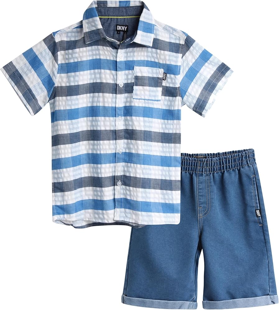 DKNY Boys' Shorts Set - 2 Piece Short Sleeve Button Down Shirt and Denim Jean Shorts - Summer Outfit for Toddler Boys (2T-7)