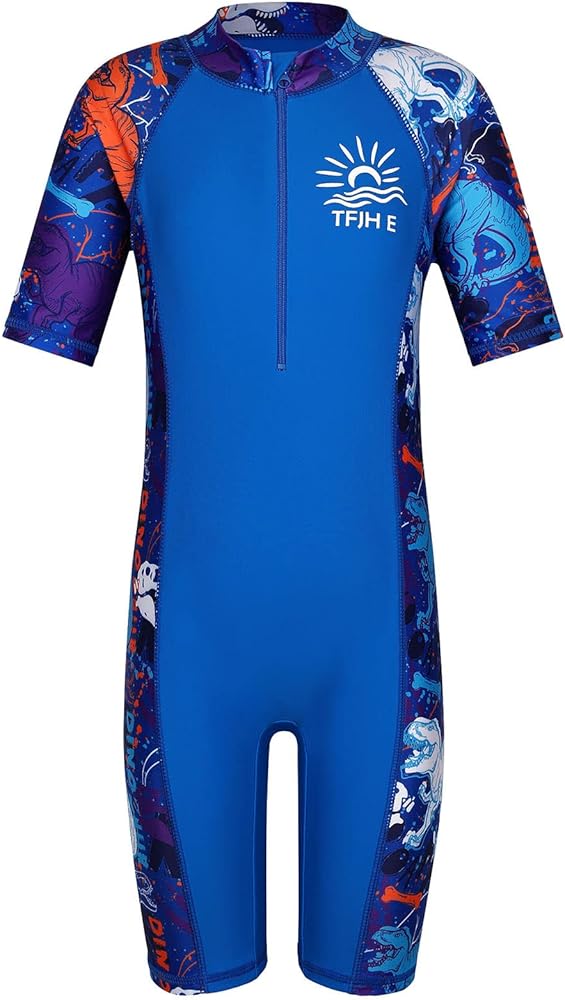 TFJH E One-Piece Boys Short Sleeve Swimsuits Rash Guard Suits Swimwear 50+ UV Sun Protective Zip