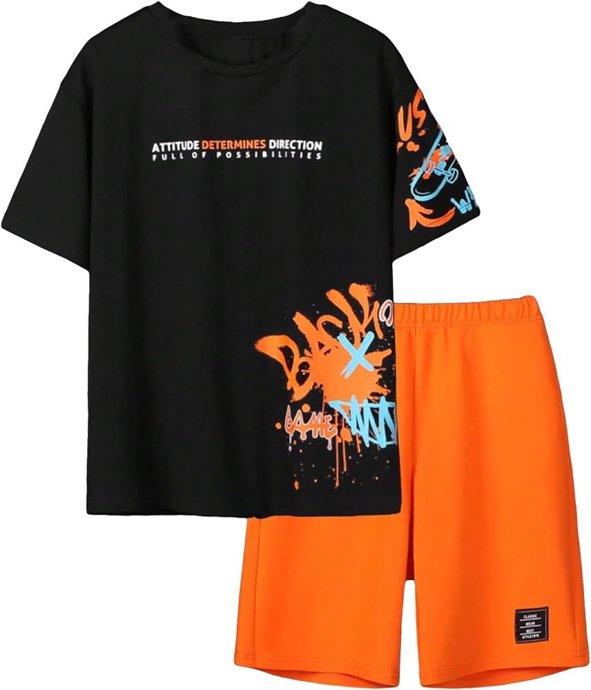 Floerns Boy's Slogan Print Short Sleeve Tee and Track Shorts Two Piece Outfit