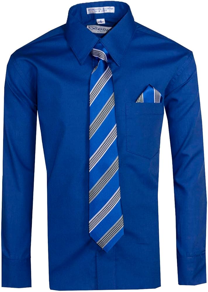 Tuxgear Boys Long Sleeve Button Up Dress Shirt with Necktie and Pocket Square