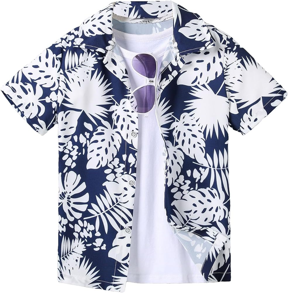 Floerns Boys Summer Graphic Print Cuffed Short Sleeve Button Down Shirt